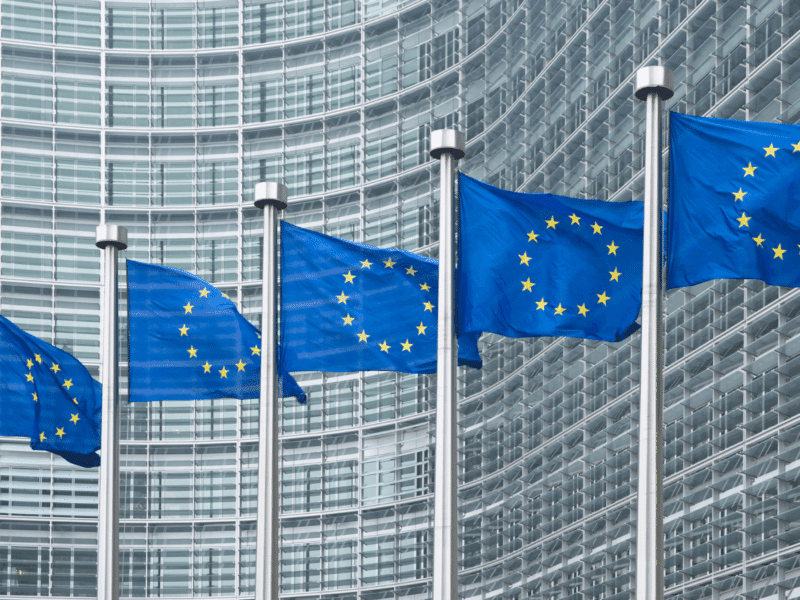 A wider view showing a row of European Union flags in front of a modern, glass-fronted office building with a curved facade. The flags are aligned in front of the European Commission headquarters in Brussels.